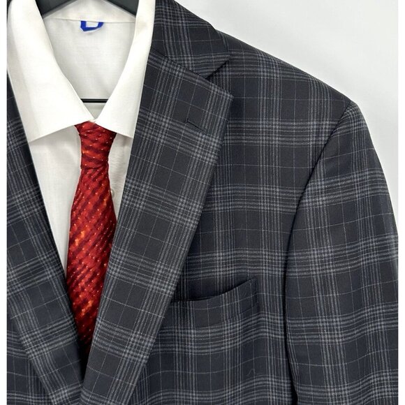 jacket blazer sport coat plaid lightweight business 2 btn gray 43R - Picture 2 of 8